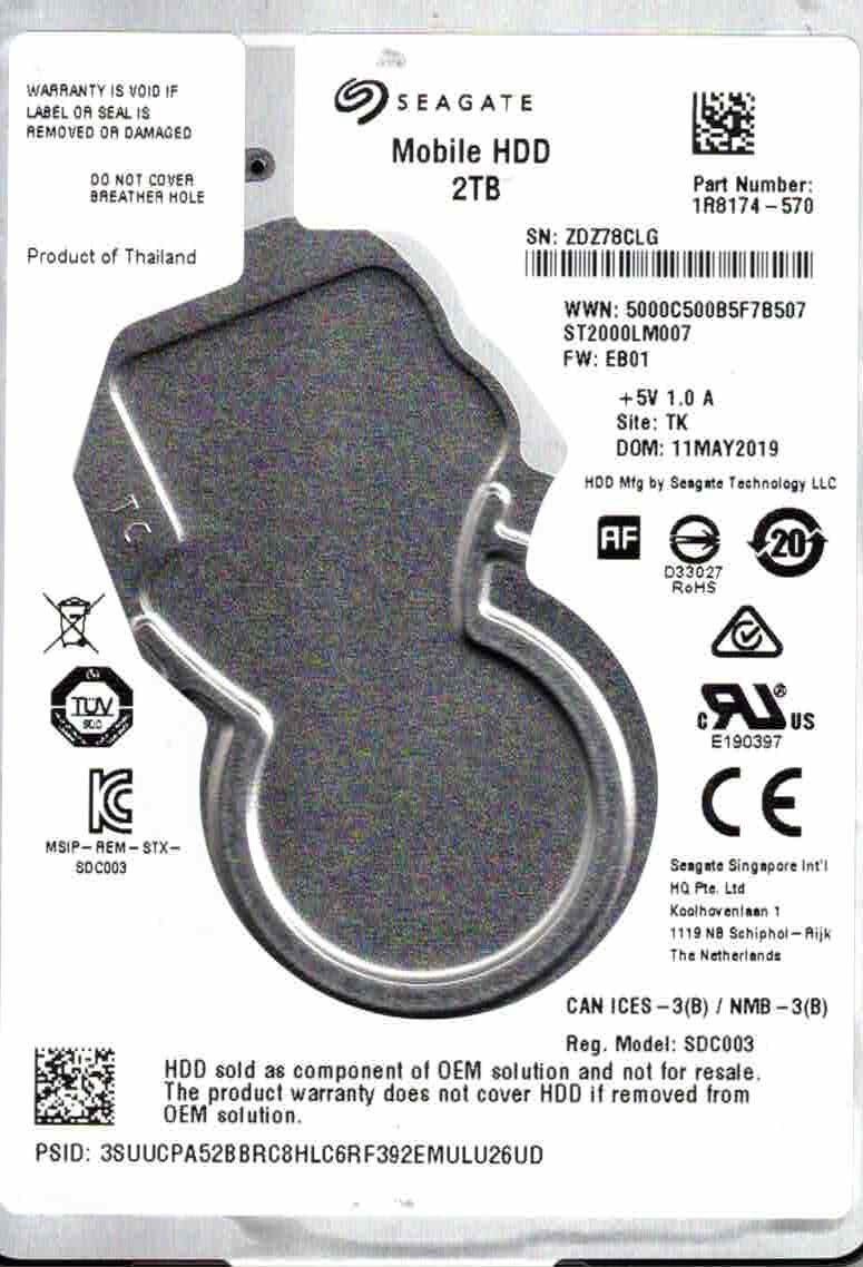 ST2000LM007,  1R8174-570,  EB01, TK,   ZDZ7,  SEAGATE 2TB  MAY 2019