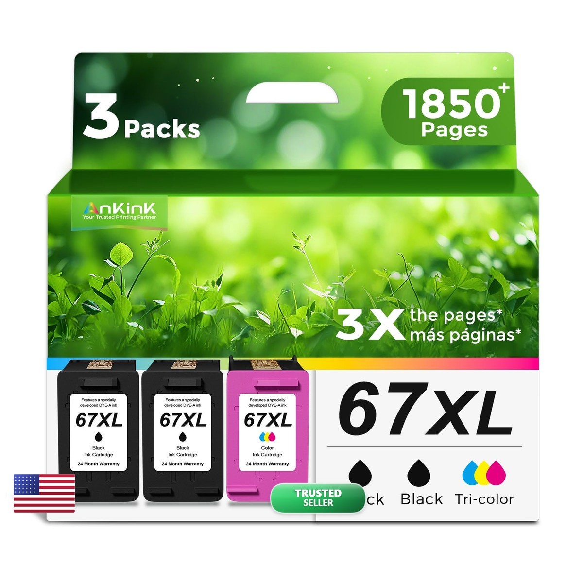 Ankink Ink Cartridge Black Combo 3-Pack for HP 67 XL