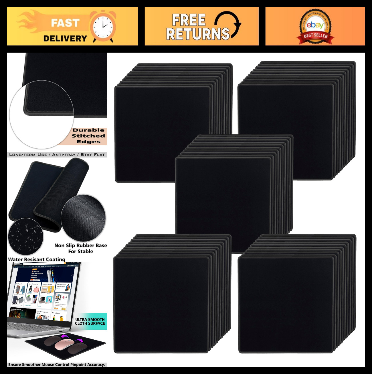 50 Pack Waterproof Mouse Pads - 8.66x7.1 Inch, Non-Slip Gaming Desk Mat, Black