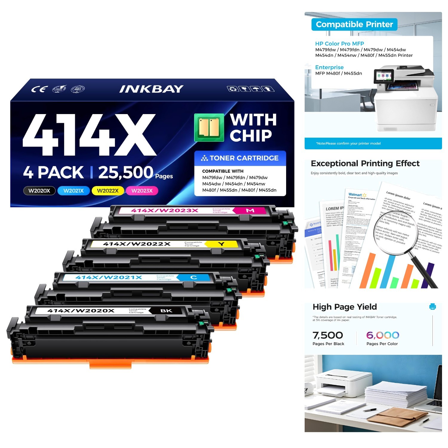 Professional Quality 414X Toner Cartridge 4-Pack - Black, Cyan, Magenta, Yellow