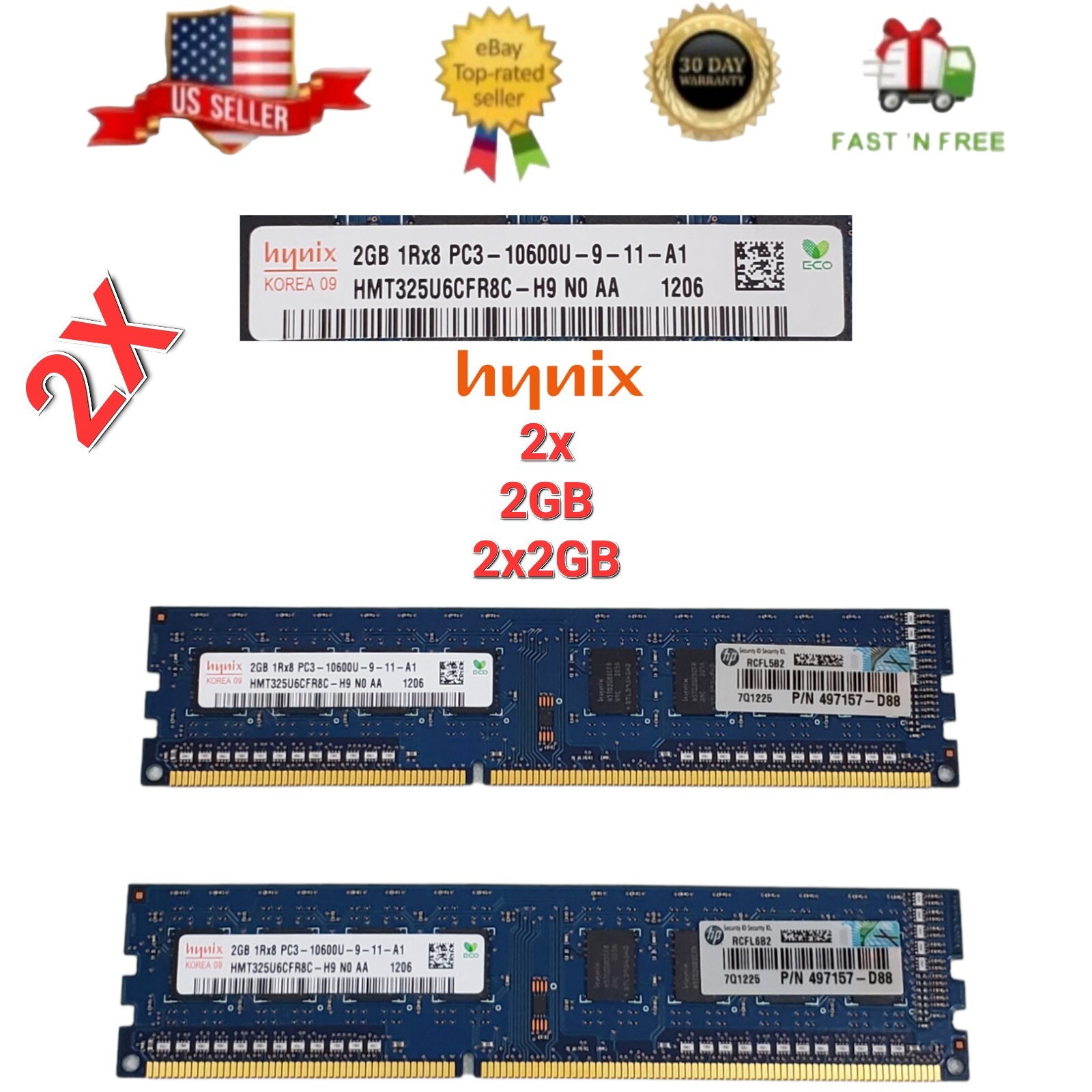 2x Lot Hynix HMT325U6CFR8C-H9 (2X2GB) PC RAM 10600U Desktop RAM 2GB