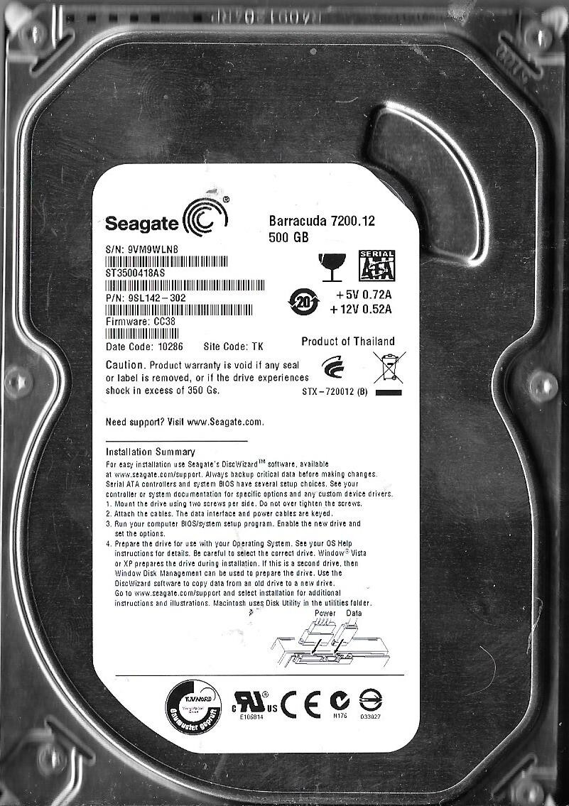 Seagate ST3500418AS 500GB Sata Hard Drive P/N: 9SL142-302 F/W: CC38  9VM  TK