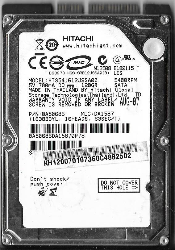 HITACHI HTS541612J9SA00 120GB SATA HARD DRIVE P/N: 0A50686 MLC: DA1587
