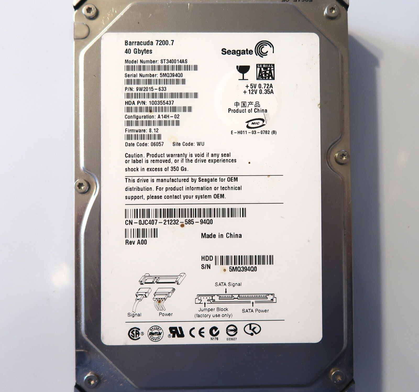 Seagate ST340014AS 9W2015-633 WU 8.12 (5MQ3) 40gb Sata 3.5" AUG/2005