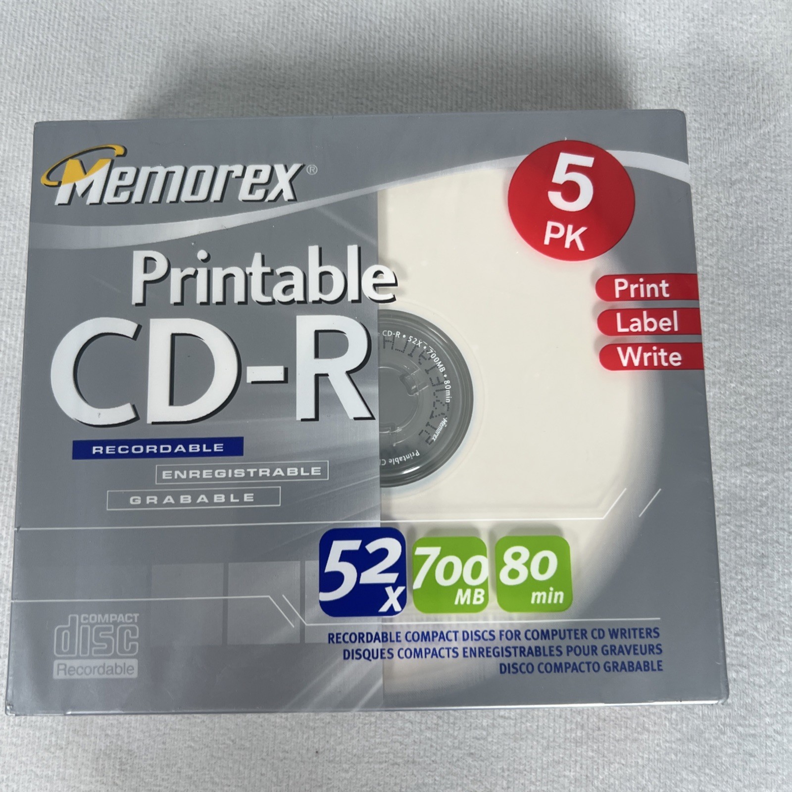 New Sealed Memorex Printable Recordable Blank CD-R 5 Pack 52x 700MB 80 min CDs