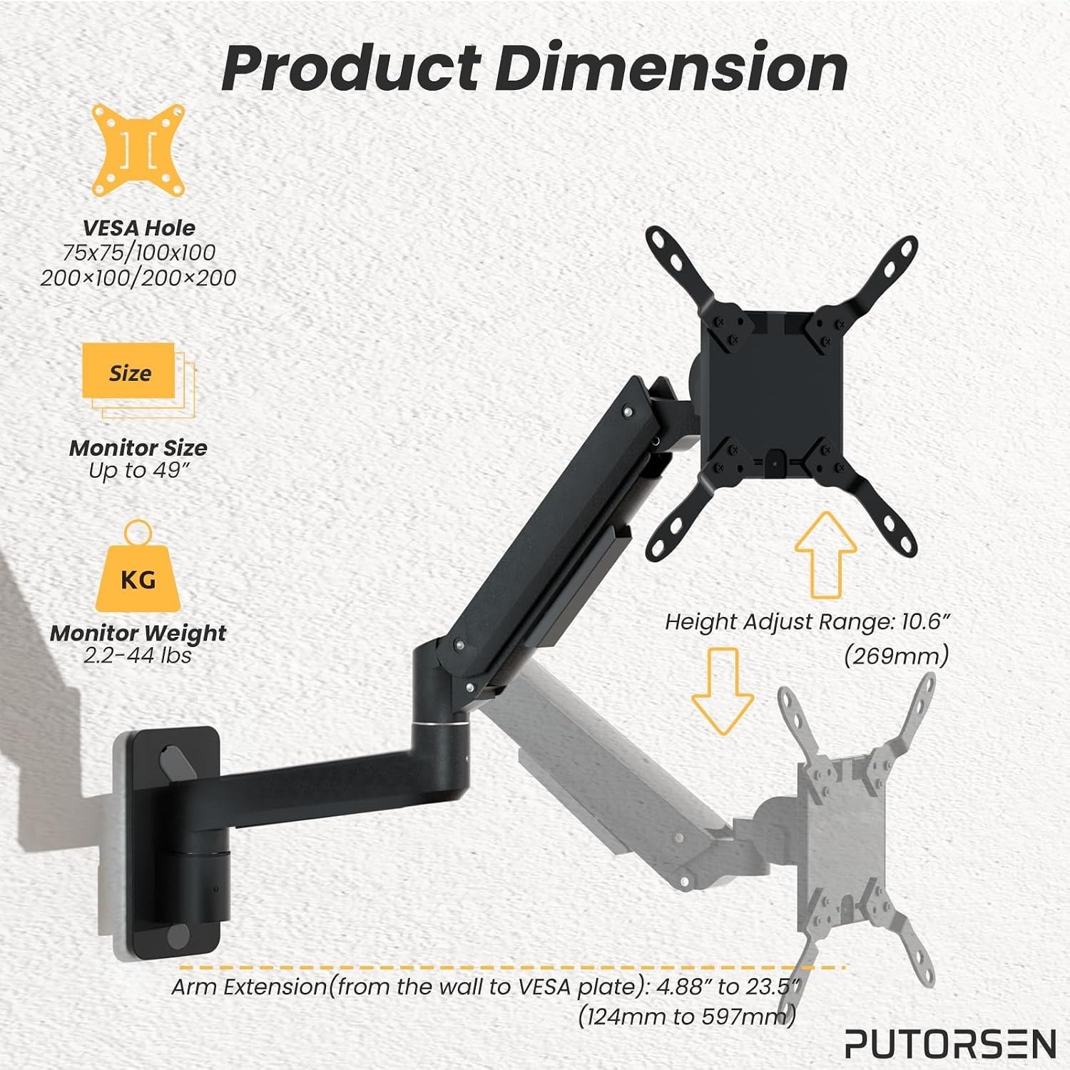 PUTORSEN Ultrawide Monitor Wall Mount Arm 17-49” Heavy Duty VESA 44 lbs Black