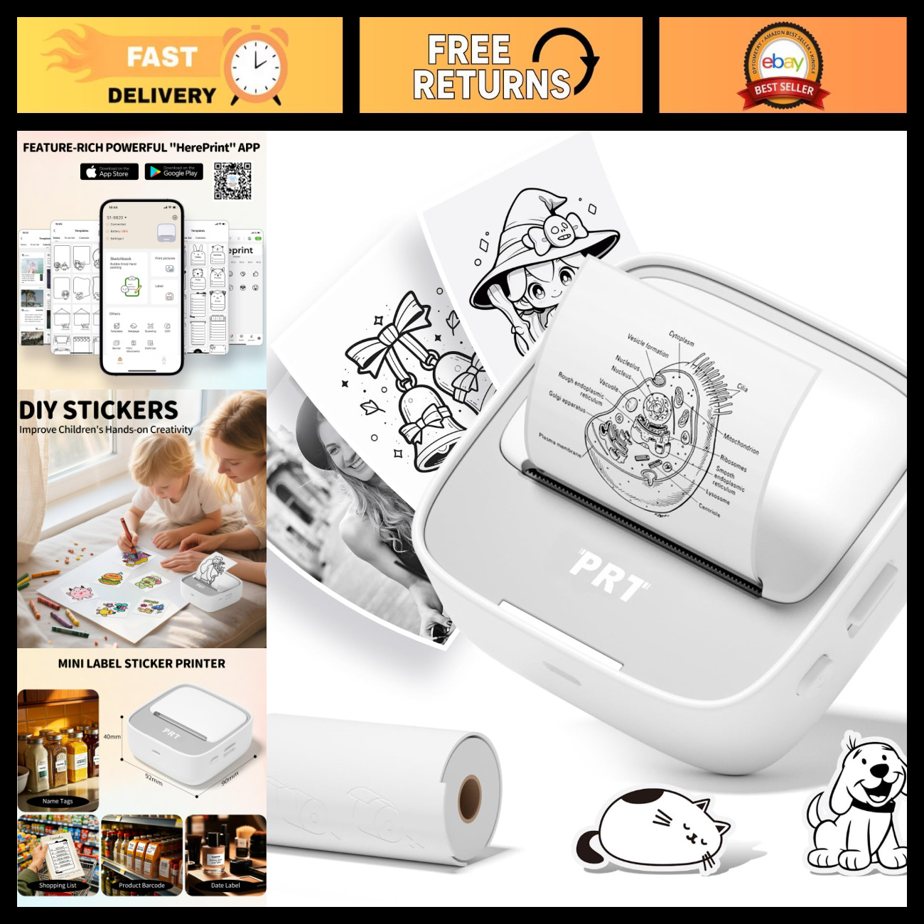 Portable Mini Sticker Printer - Thermal Printing, Includes 1 Roll Sticker Paper