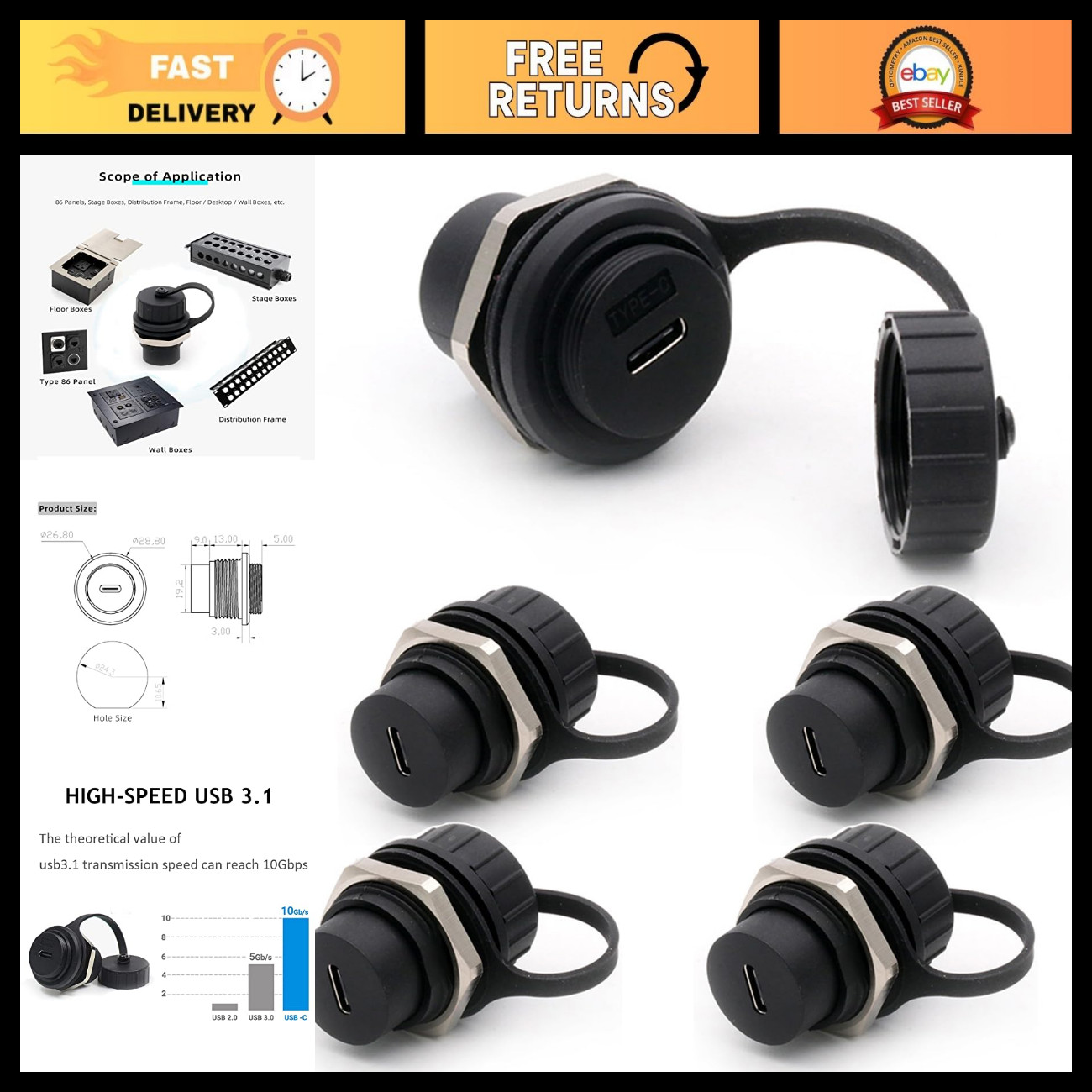 5PCS Waterproof USB C 3.1 Panel Mount Coupler Female to Female Connector Set