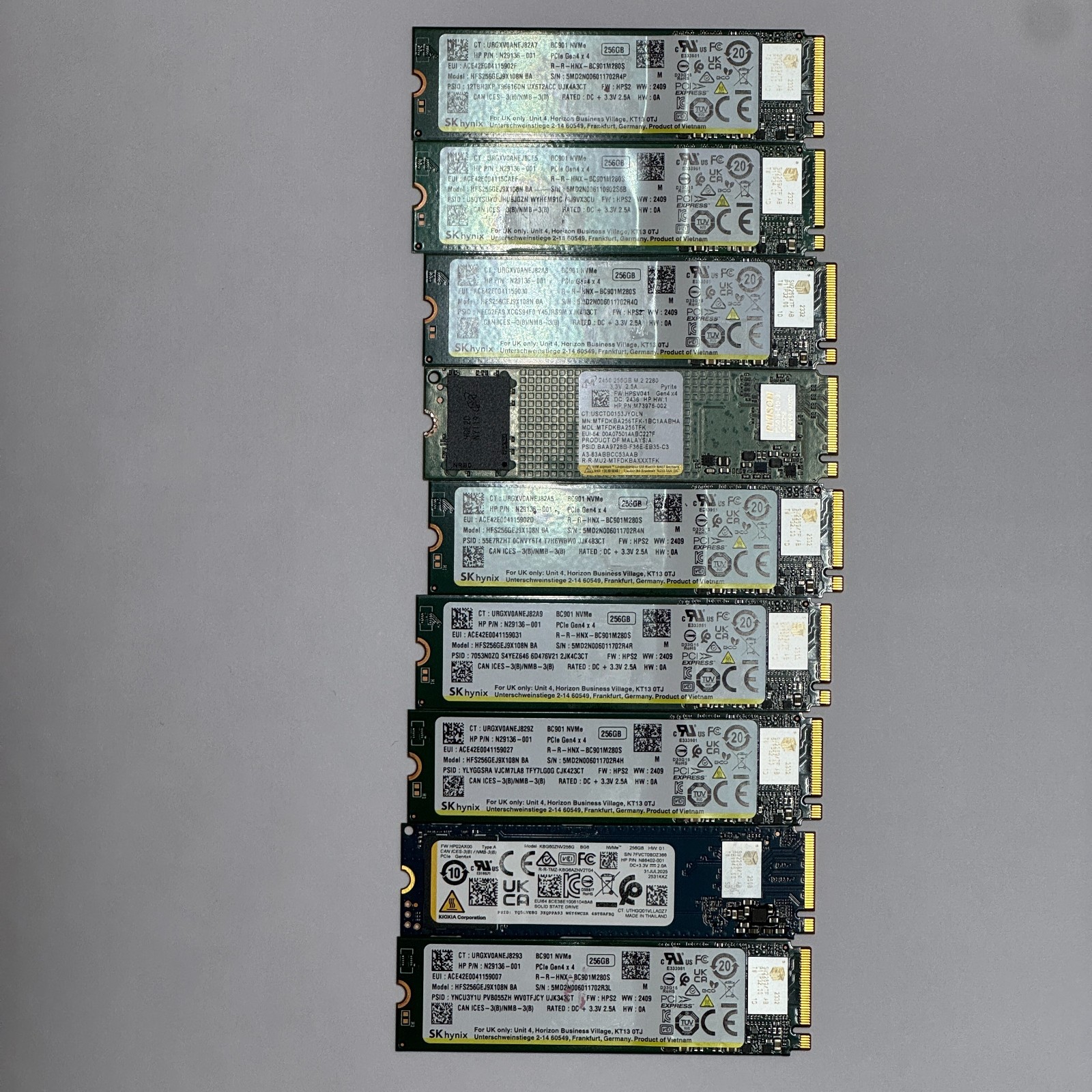 Bulk Lot of 9x 256GB M.2 NVMe PCIe Gen 4x4 SSDs (Samsung, SK Hynix, Kioxia)