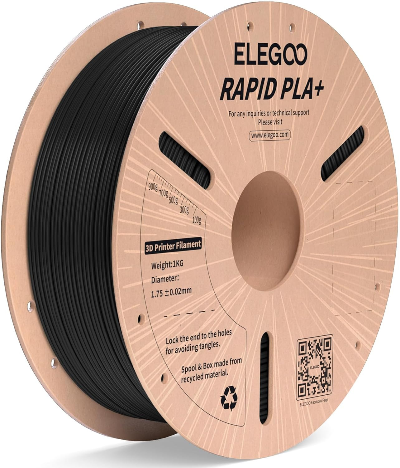 Rapid PLA plus Filament 1.75Mm Black 1KG, PLA+ 3D Printer Filament for 30-600 Mm