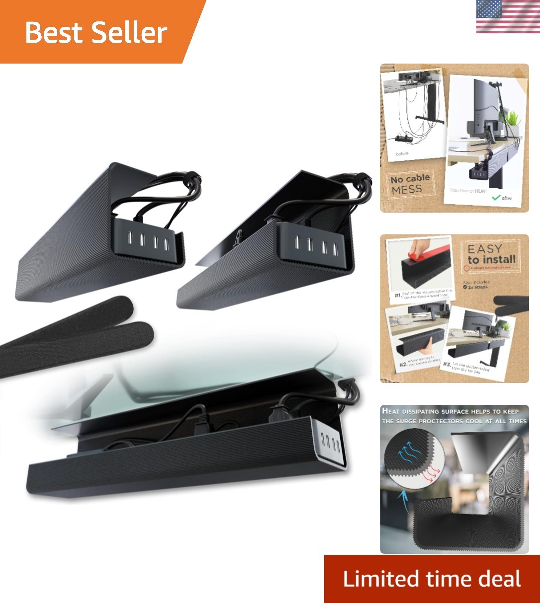 No-Screw Under Desk Cable Management Tray - Self-Adhesive Installation, Cord ...