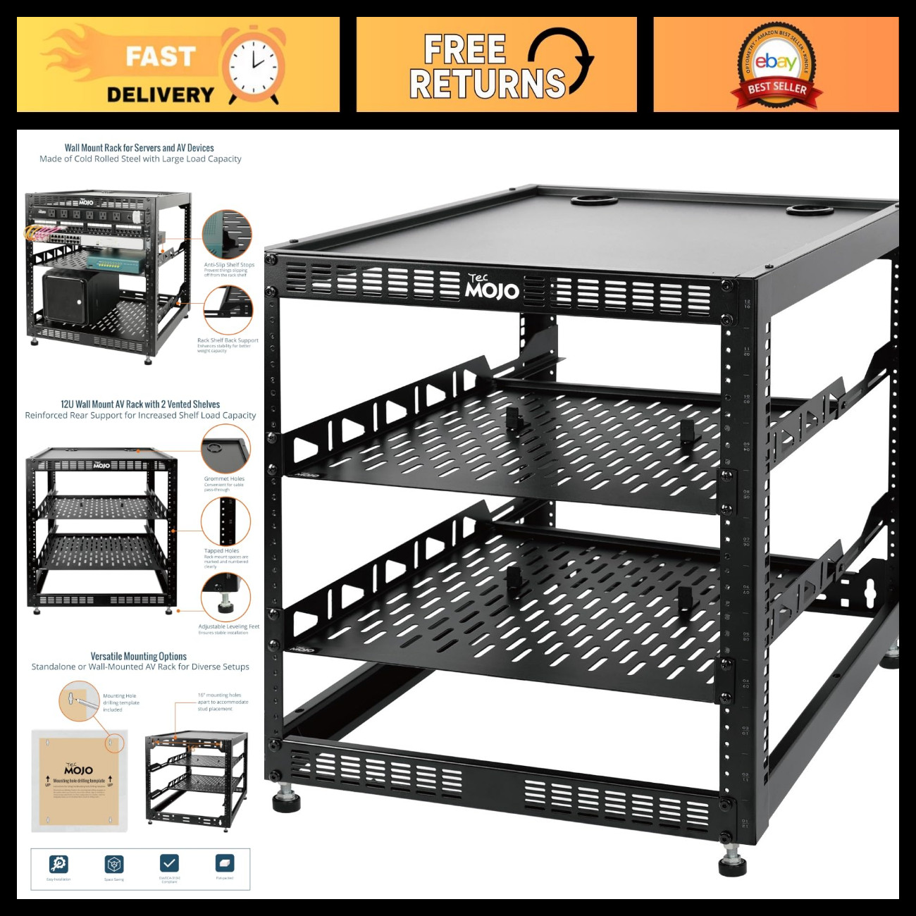 12U Open Frame Network Rack for IT & AV Gear, Floor/Wall Mount, 2x 1U Shelves