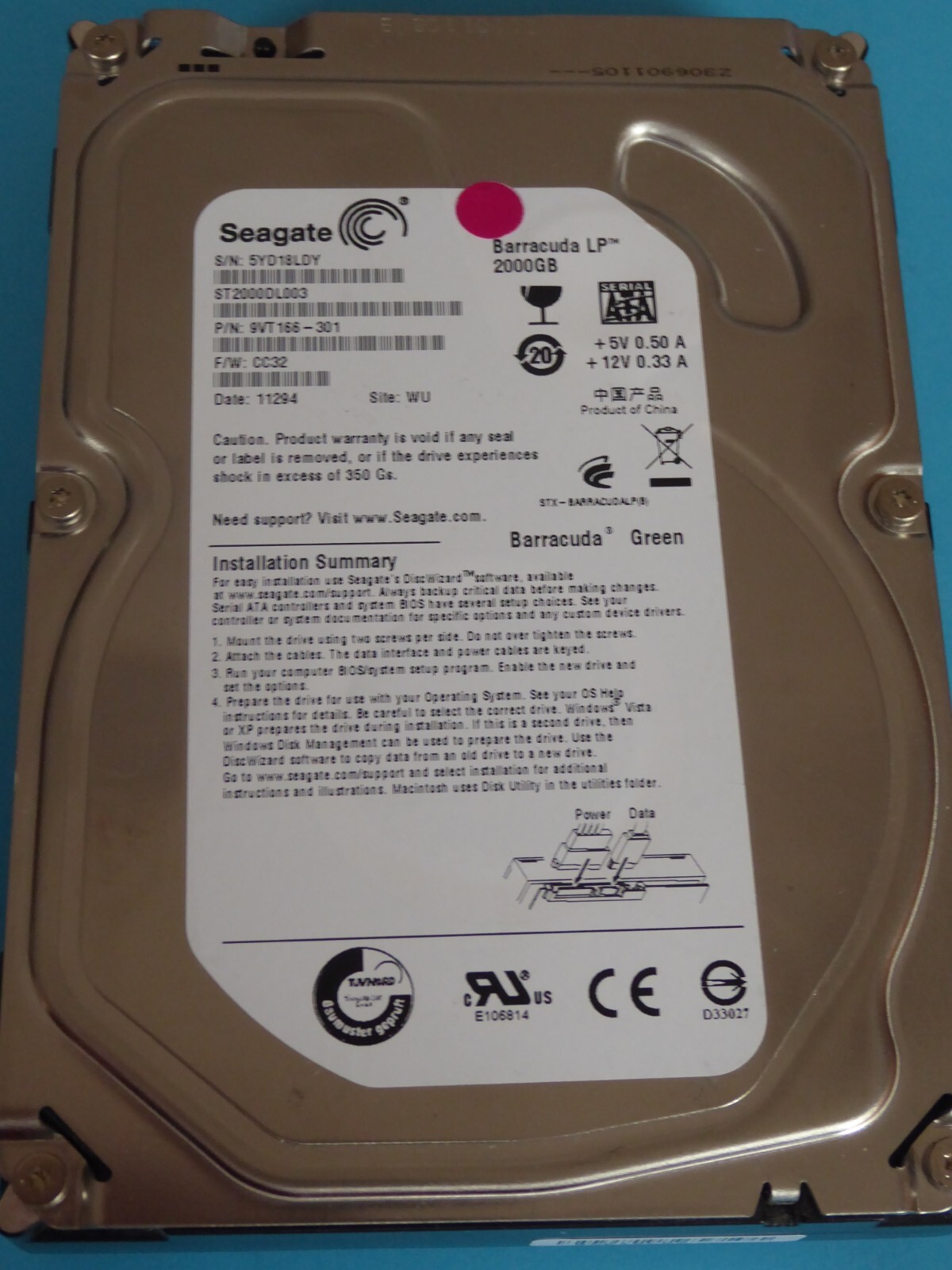ST2000DL003 SN: 5YD PN: 9VT166-301 FW: CC32 WU Seagate 2TB