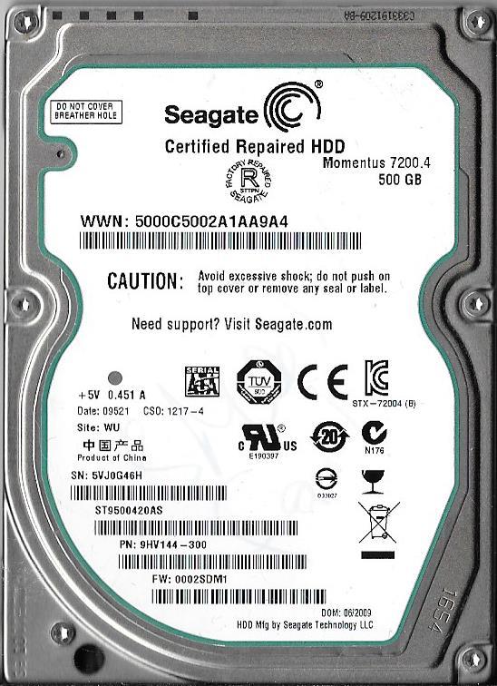 SEAGATE ST9500420AS 500GB SATA HARD DRIVE P/N: 9HV144-300  5VJ  WU  FW: 0002SDM1