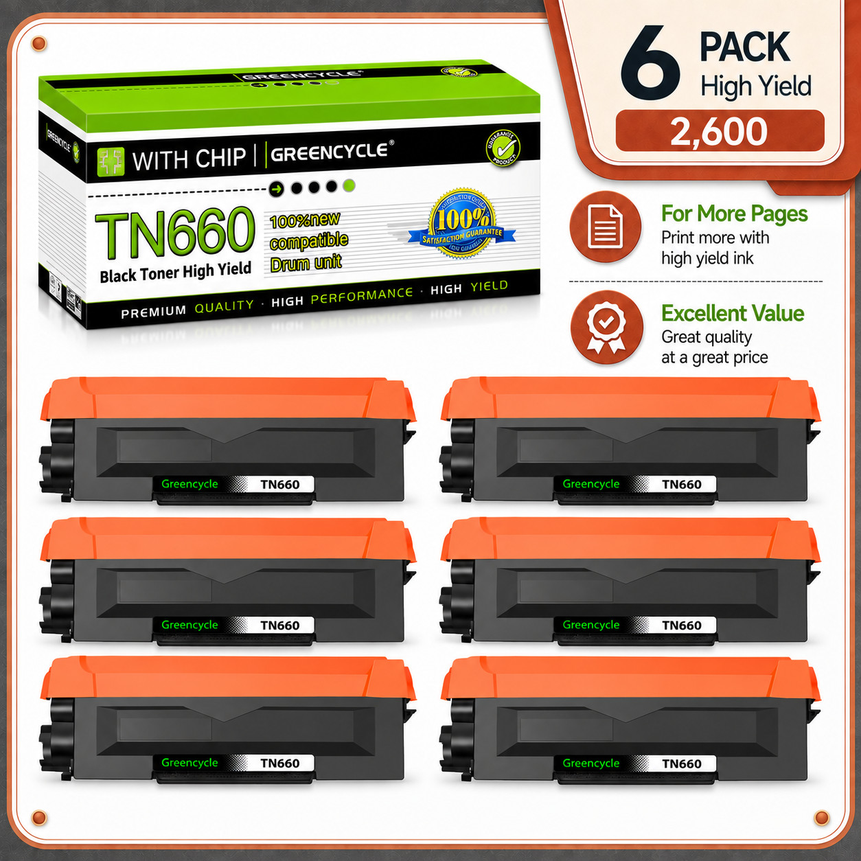 6PK TN660 TN-660 Toner Cartridge Fit For Brother HL-L2320D HL-L2340DW HL-L2380DW