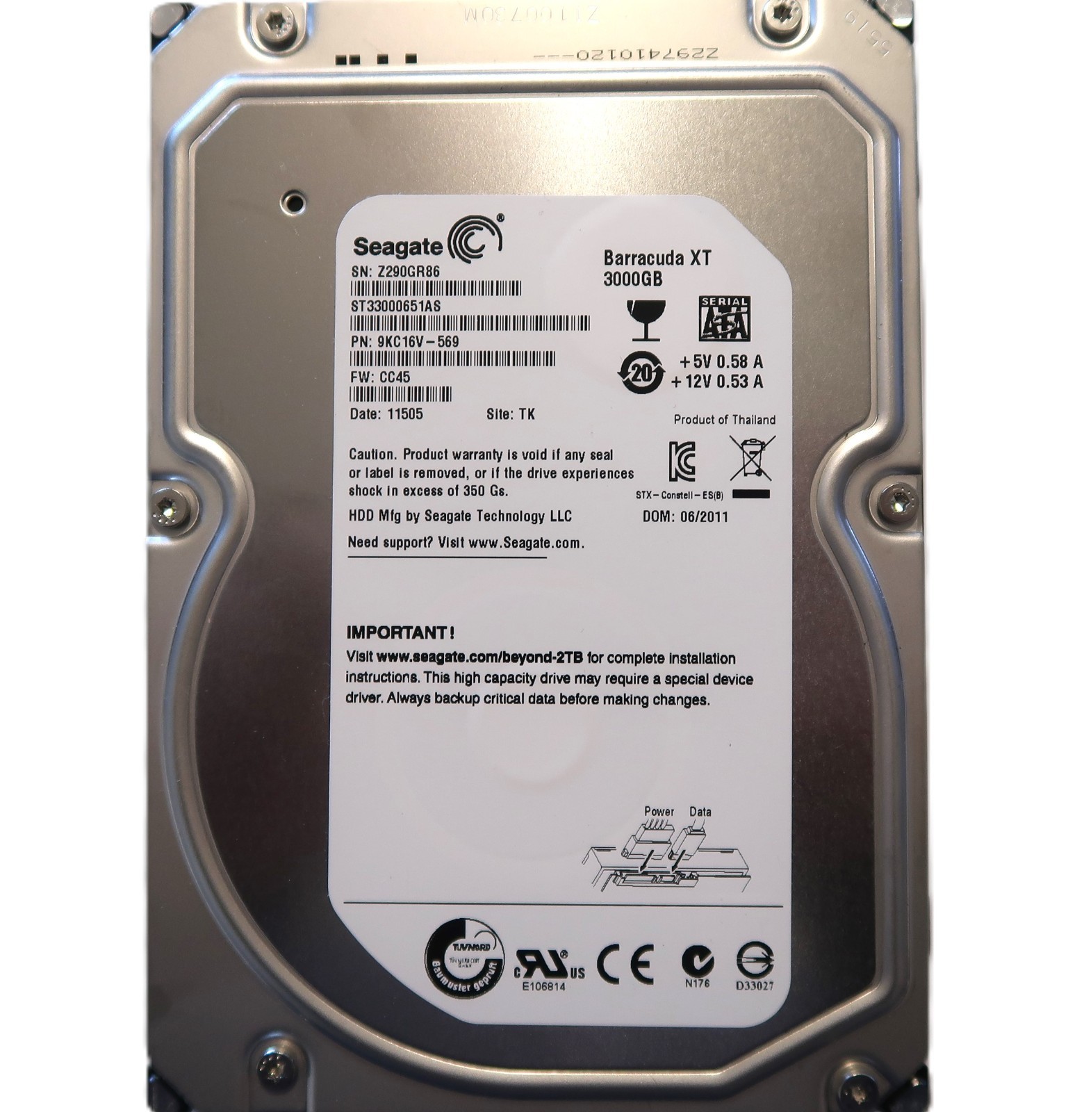 Seagate ST33000651AS 9KC16V-569 CC45 TK Thailand (Z290) 3.5" 3.0TB Sata JUN/2011