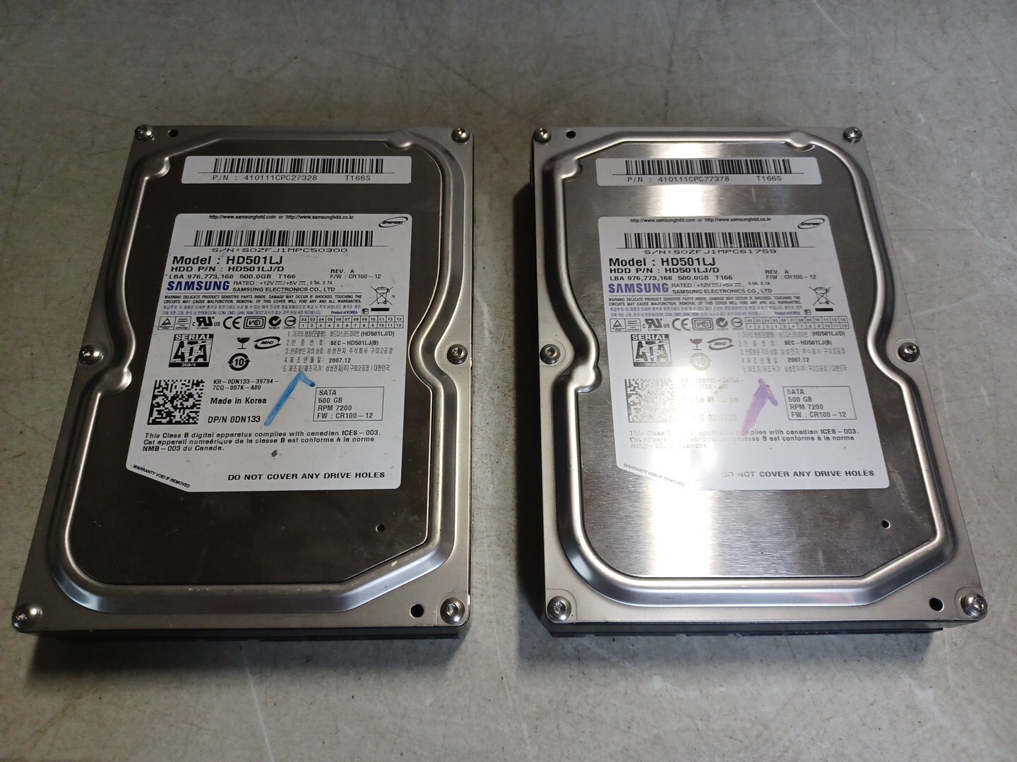 LOT of 2 Samsung 500GB HDD SATA - RPM 7200 - T166S - HD501LJ - TESTED