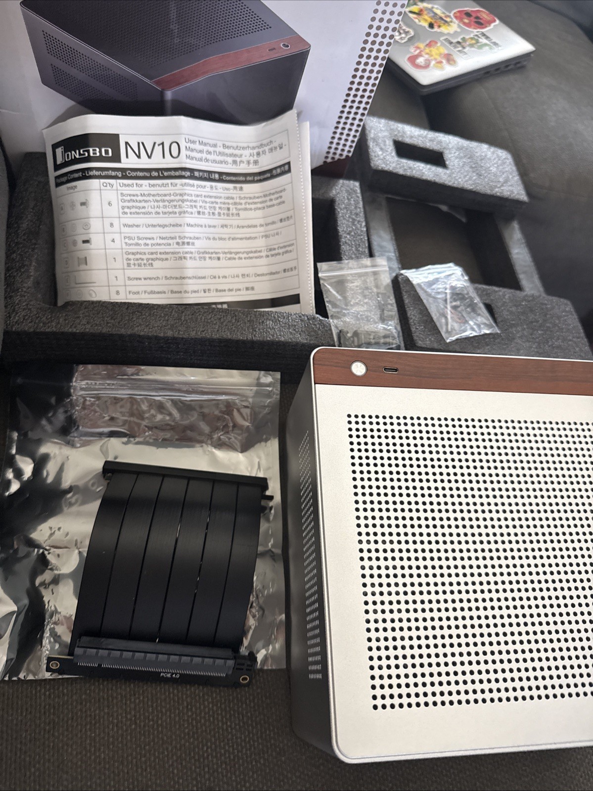 JONSBO NV10 Silver Mini-ITX Aluminum PC Case Walnut Trim PCIe 4.0 Riser Cable