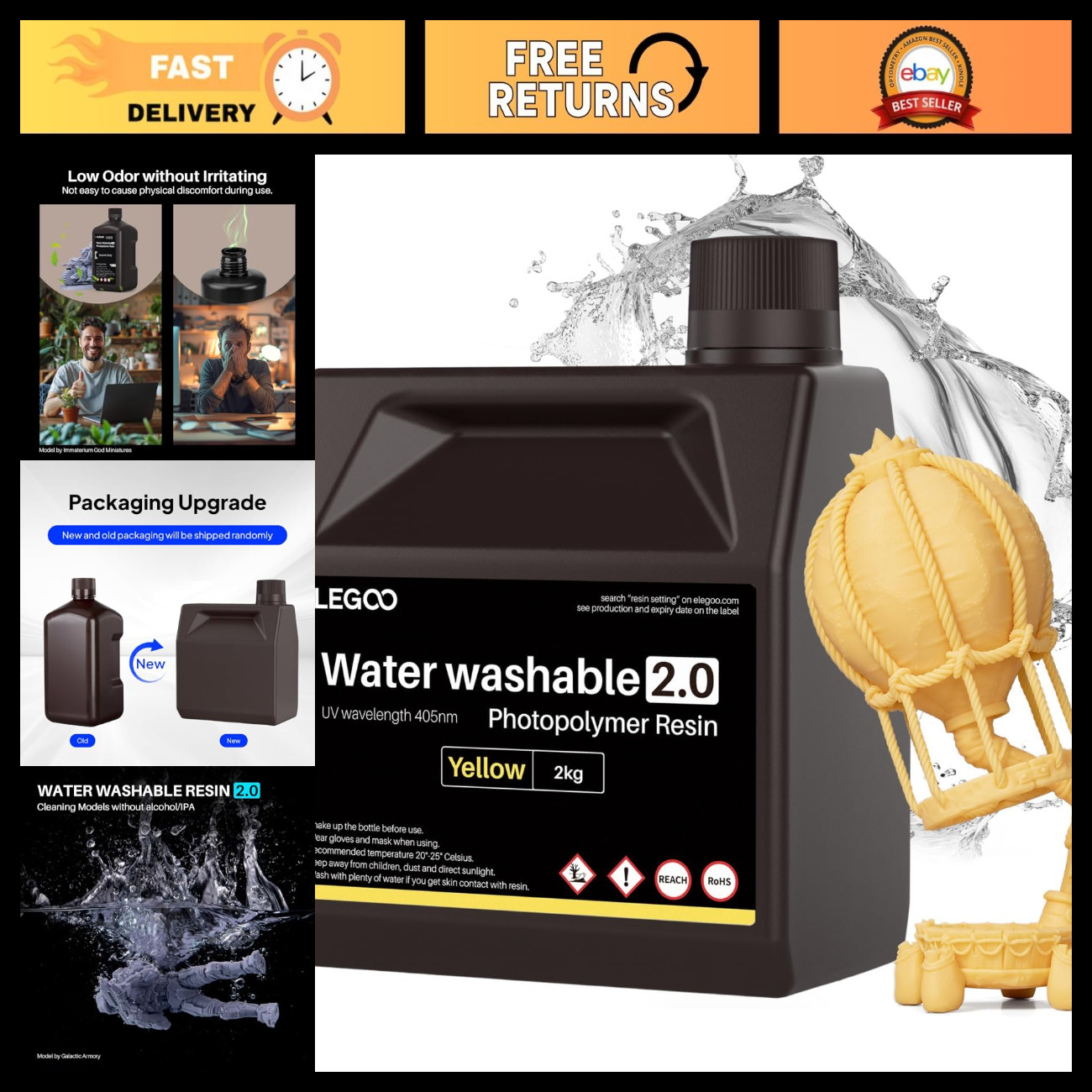 Water Washable 3D Printer Resin 2.0 - 405nm UV-Curing, Low Viscosity, Tough, 200