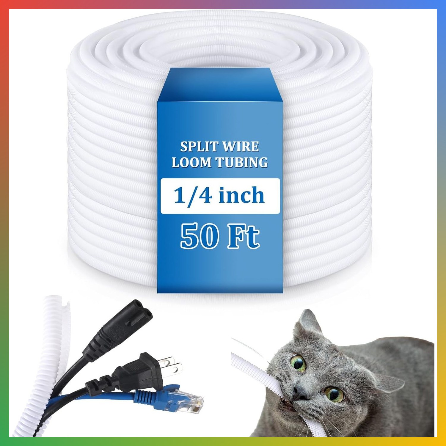 Split Wire Loom Tubing 1/4 Inch 50 Ft White Flame Retardant Cord Protector
