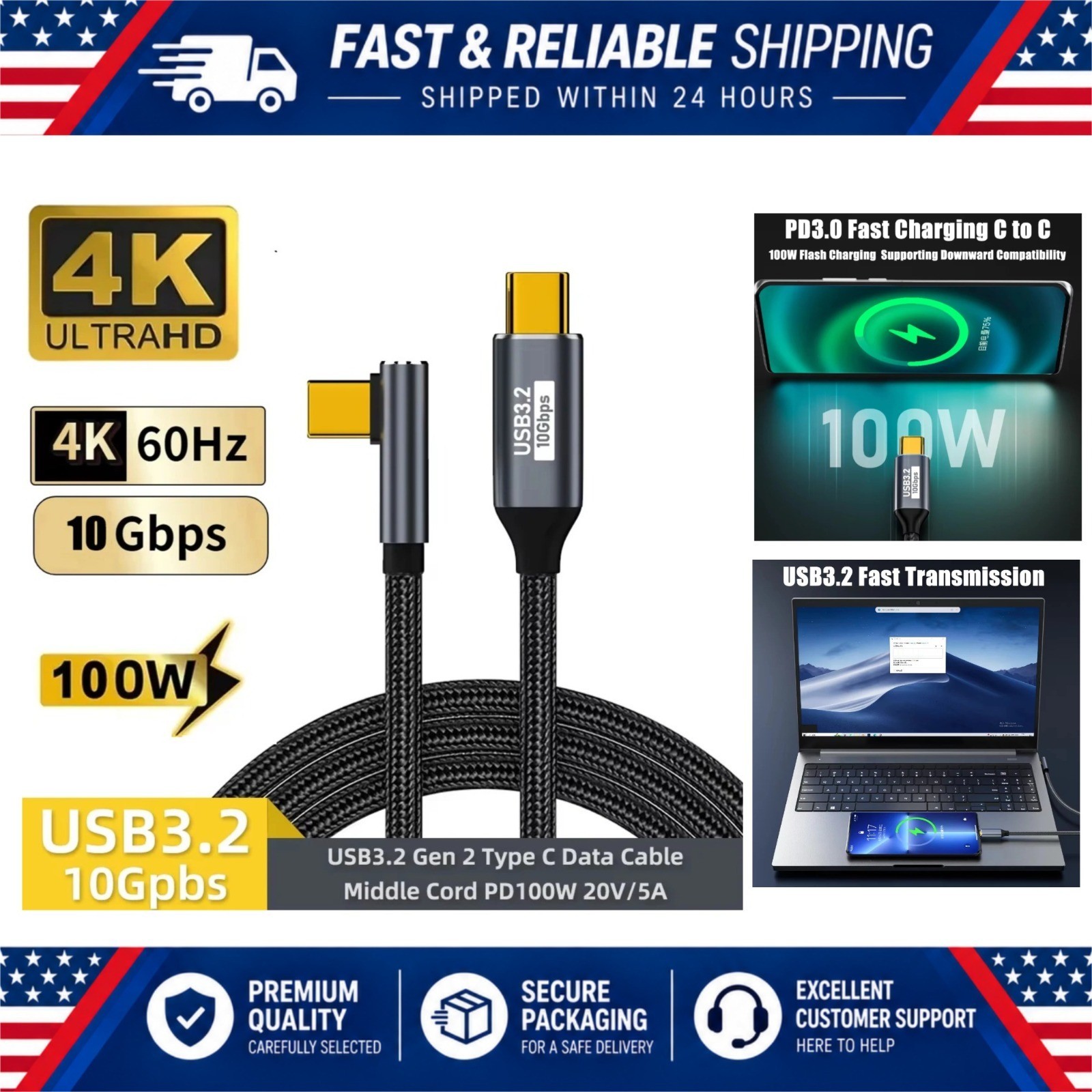 100W USB-C to USB-C Cable 10Gbps USB 3.2 4K@60Hz Right Angle Type-C Cord