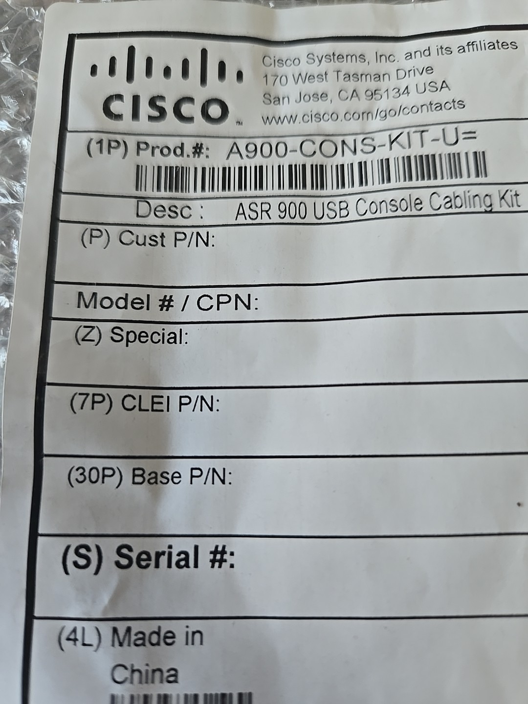 NIP Cisco A900-CONS-KIT-U Console Cable USB-to-USB for ASR900 