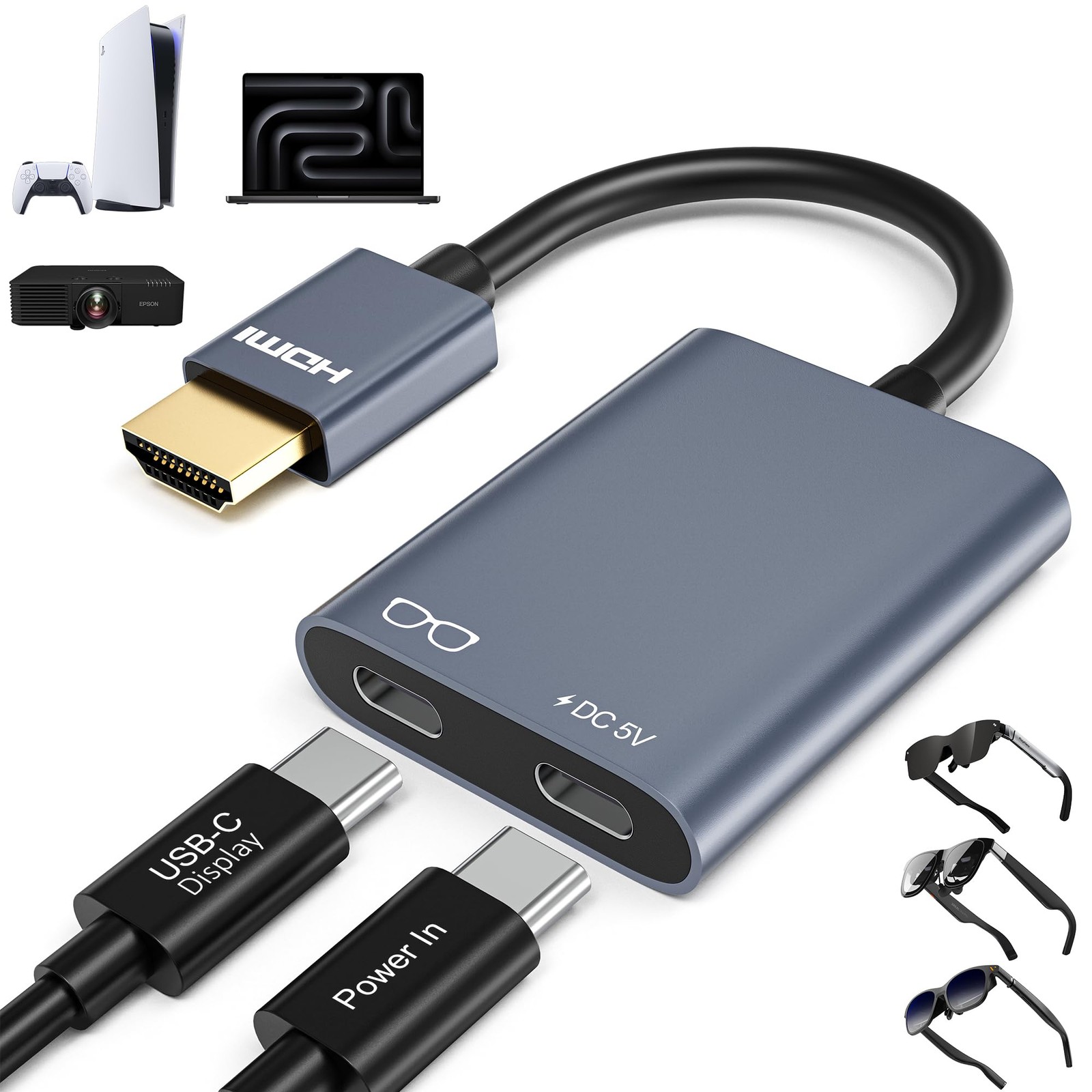AR Glasses HDMI to USB C Adapter 4K@60Hz, XR Converter with Play & Charge for