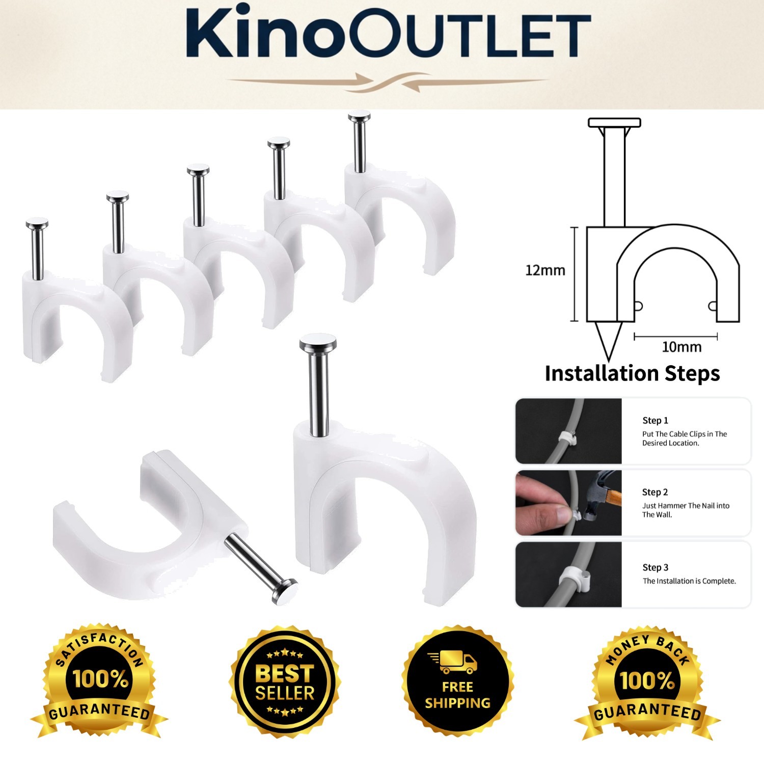 Versatile 10mm Cable Clips (100 Pcs) with Steel Nails – Perfect for Home Safety