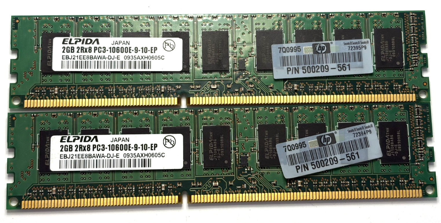 Lot of 2x Elpida 2GB DDR3-1333 ECC RDIMM Server RAM HP 500209-561