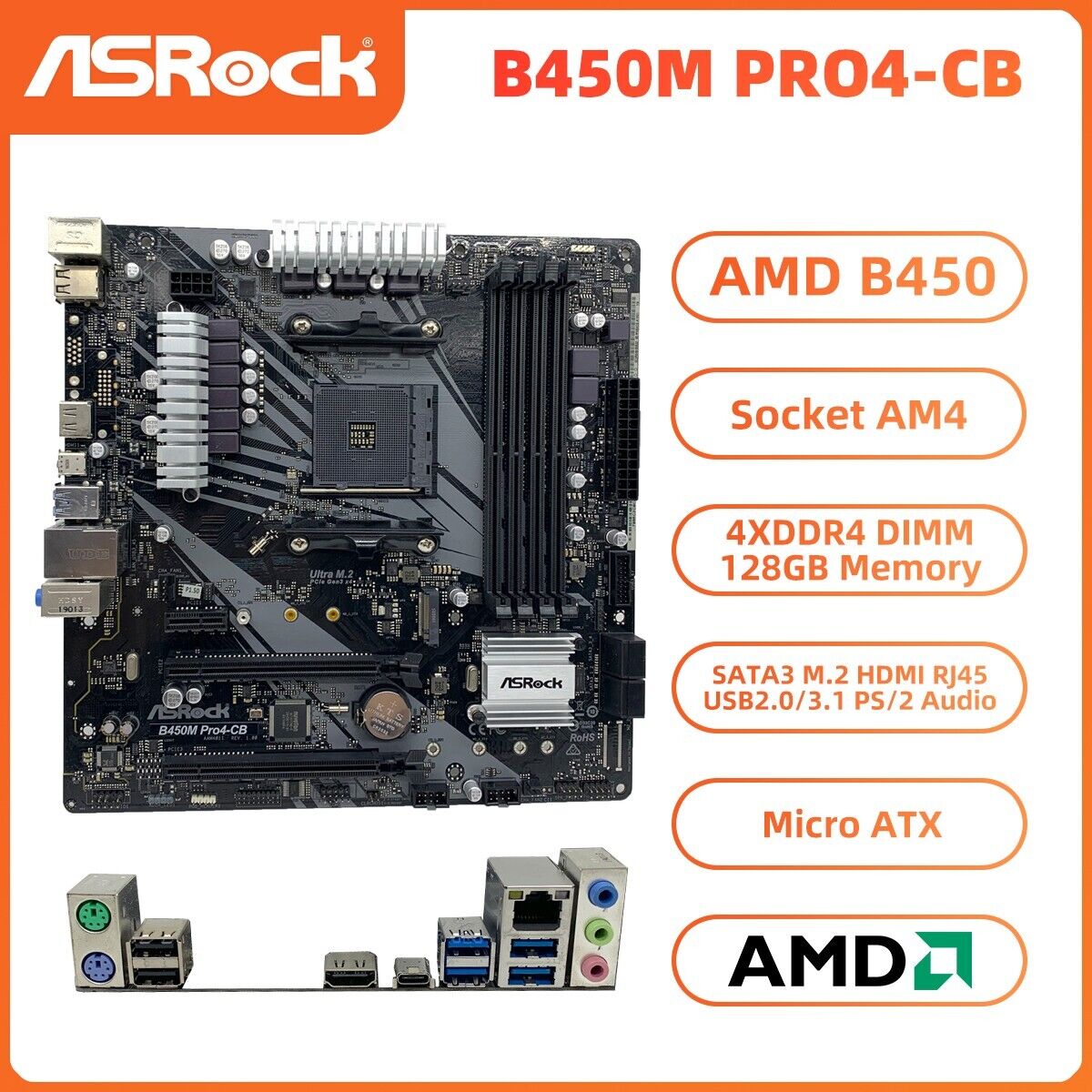 ASRock B450M PRO4-CB Motherboard mATX AMD B450 AM4 DDR4 SATA3 HDMI M.2 Audio+I/O