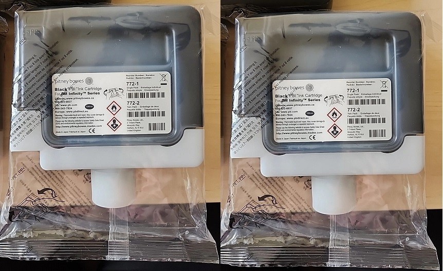 2 Genuine Sealed Pitney Bowes 772-1 Black Inkjets DM Infinity DM16K DM22K DM22KR