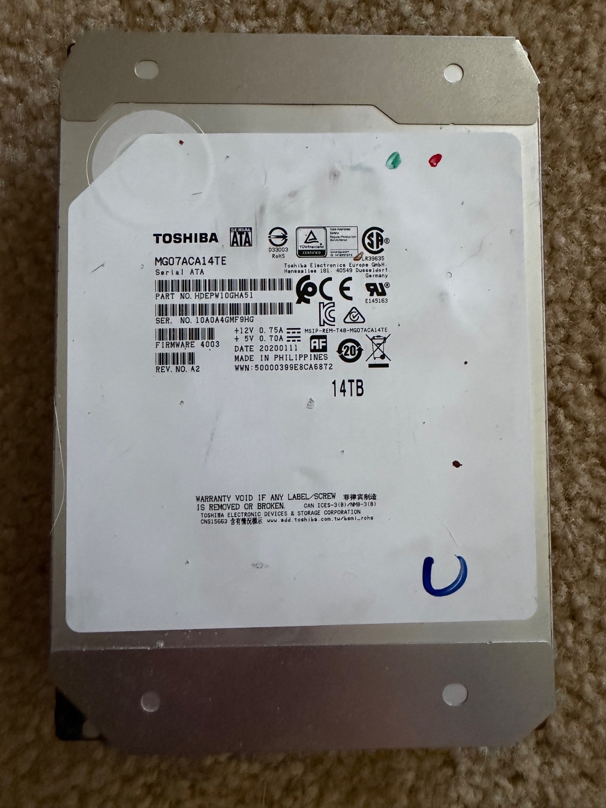 Toshiba Enterprise MG07ACA14TE 3.5in 14 TB SATA 6 GB/s 7200 RPM  Internal...