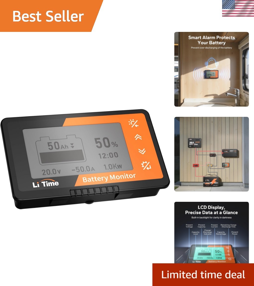 500A Battery Monitor with M8 Shunt, 8V-120V, LCD Display, for RV