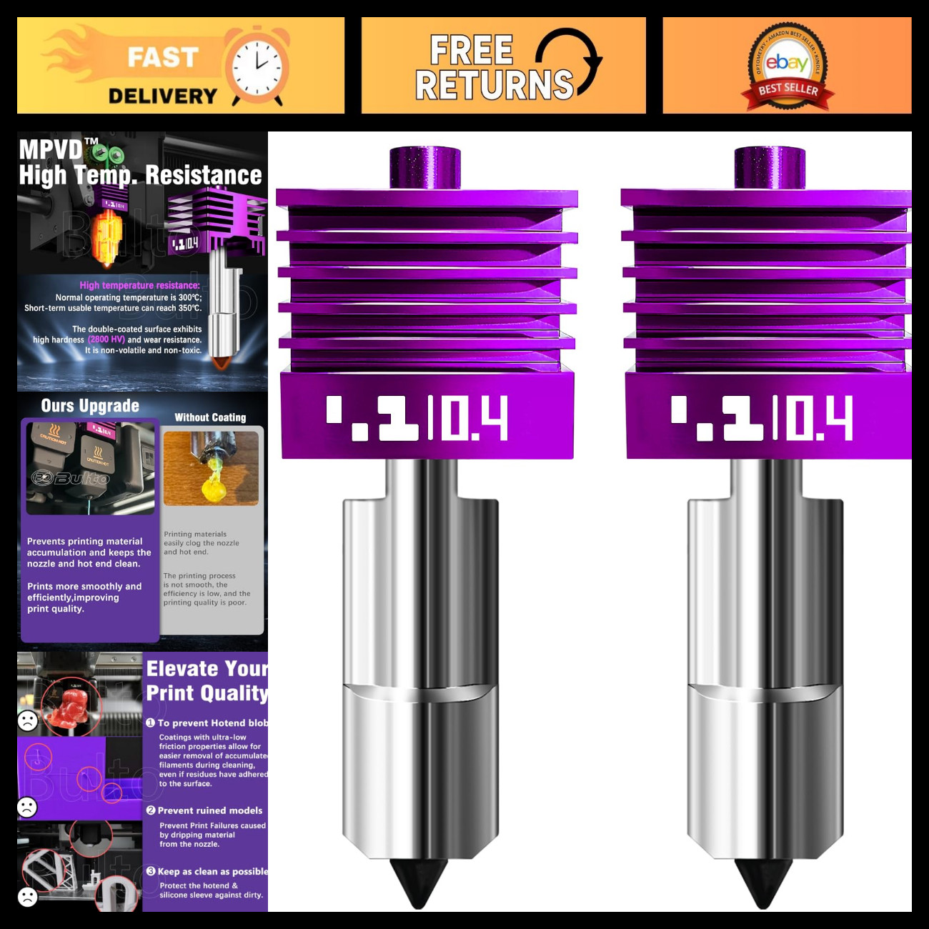 2 Pcs 0.4mm Hotend Nozzle with Anti-Stick Coating for 3D Printers - High Speed H