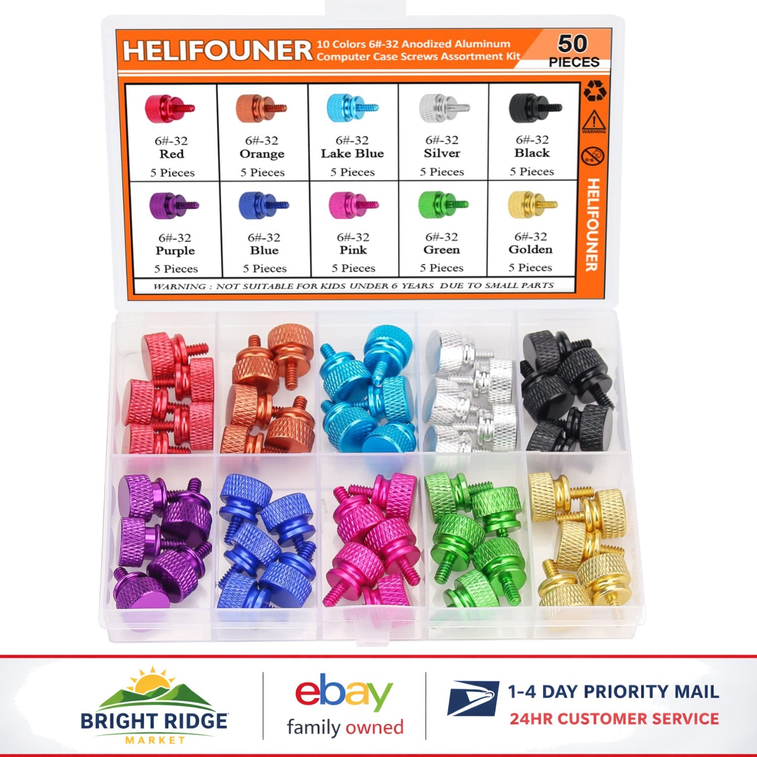 Assorted 50-Piece Thumb Screws for PC Cases, 6-32 Thread, Easy Grip Design