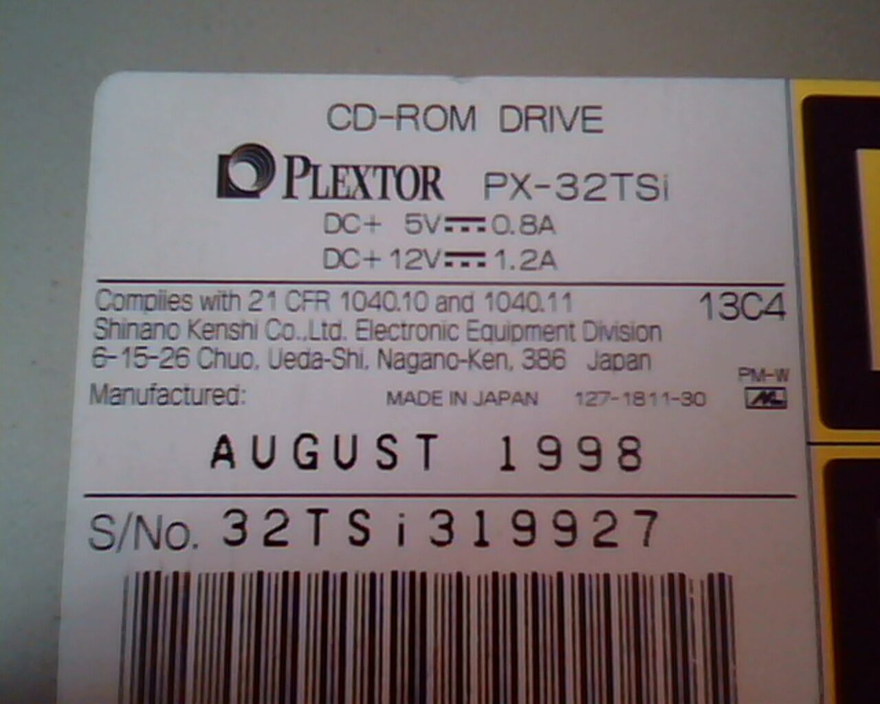 Plextor PX-32TSi CD-ROM Drive 13C4 0303 August 1998 E132064 UltraPlex 