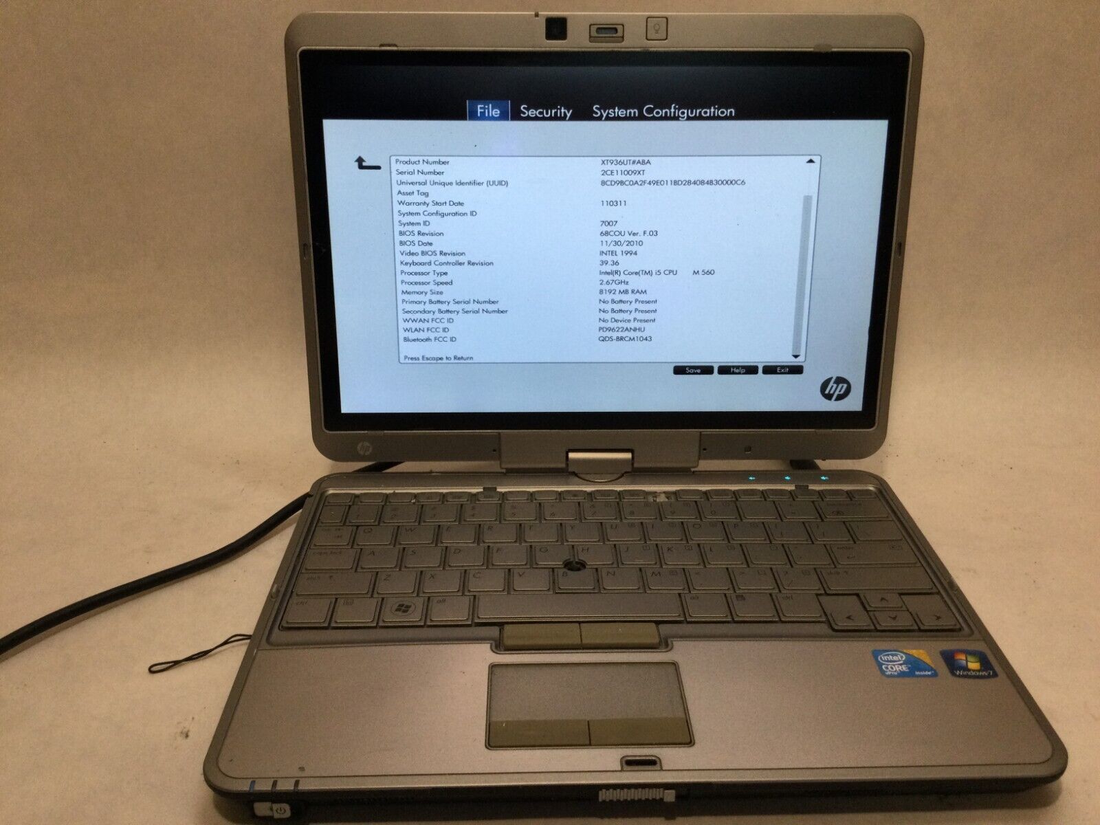HP EliteBook 2740p / Intel Core i5 M560 @ 2.67GHz / (CRACKED/MISSING PARTS) -MR