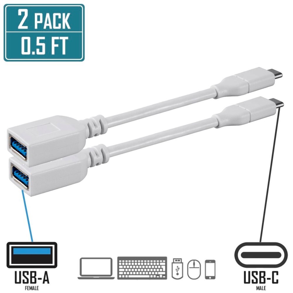 2 Pcs USB-C 3.1 Type C Male to USB 3.0 Female 5Gbps PC Laptop Data Cable White