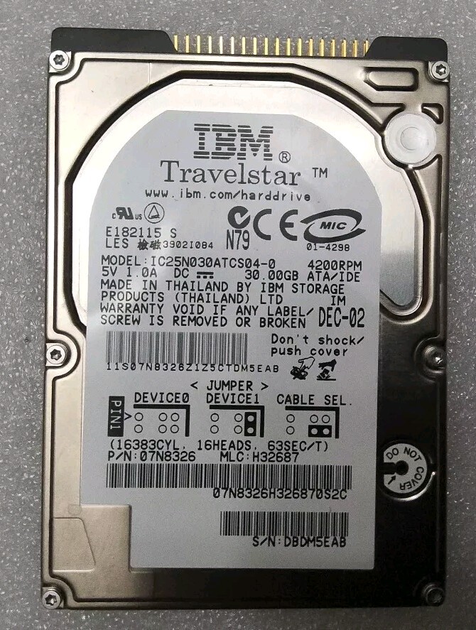 IBM Travelstar 30GB 2.5" IDE Hard Drive Model - IC25N030ATCS04
