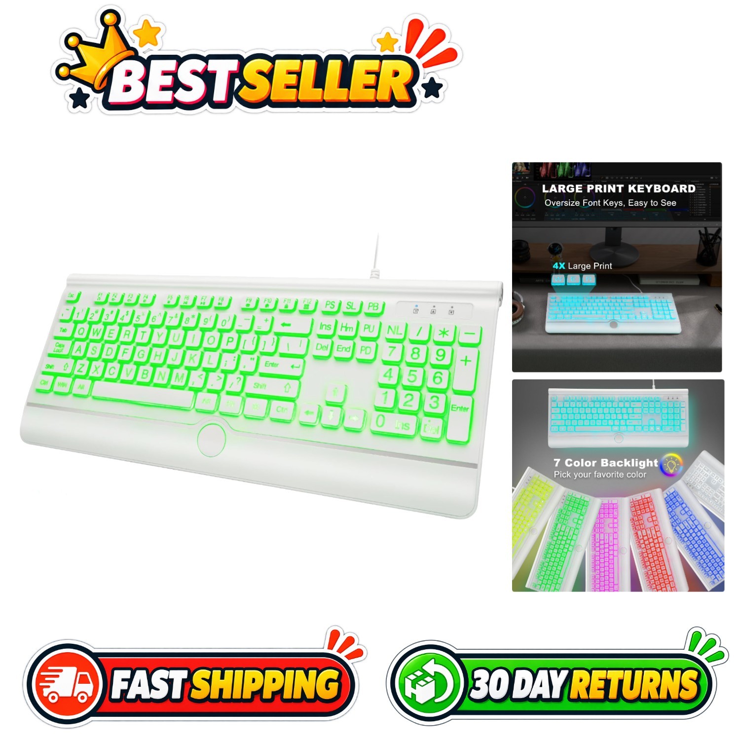 Wired Large Print Backlit Keyboard with Wrist Rest & Spill-Resistant Design f...