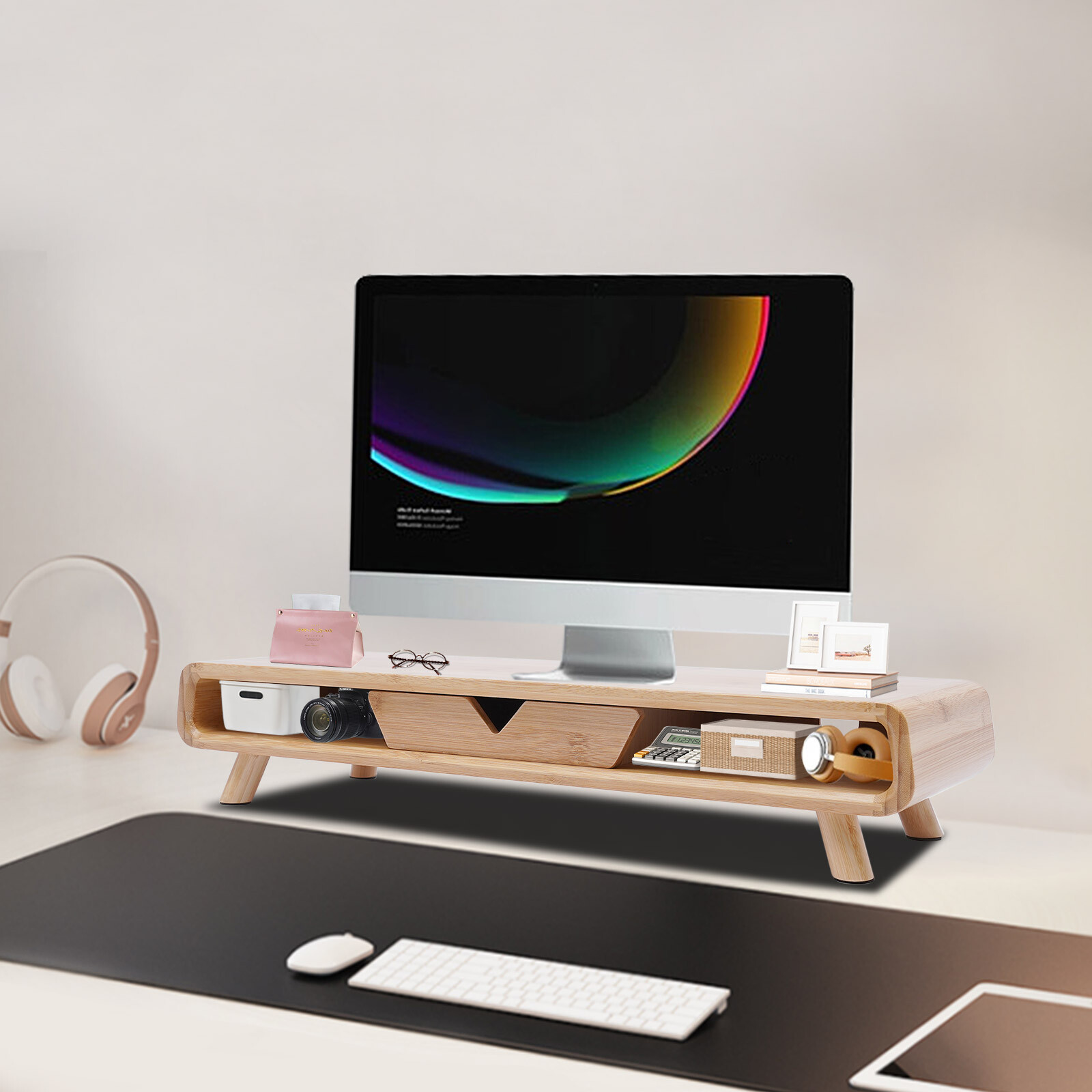 Wooden Bamboo Monitor Stand Desktop Laptop Desk 24*7.9*4.5Inch With Drawer