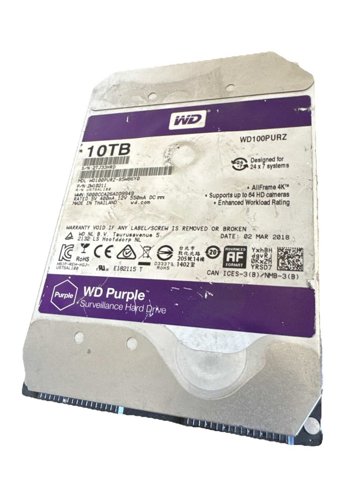 FAILED BAD WD Purple 10TB 5400RPM SATA 6Gb/s 3.5" Surveillance HDD WD100PURZ
