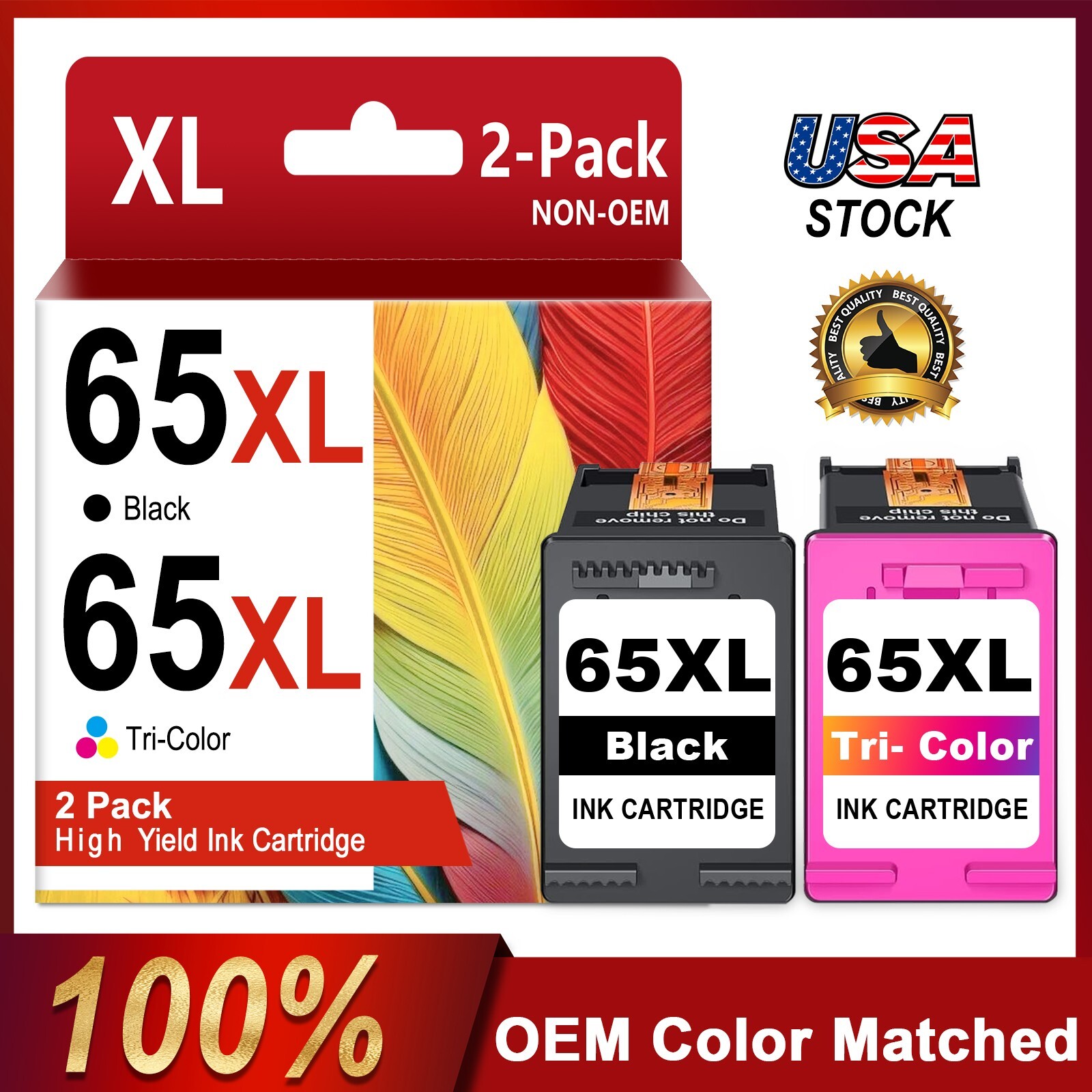 65XL Ink Cartridge 2-Pack (Black, Tri-Color) for HP Envy 5055 DeskJet 3755 3758