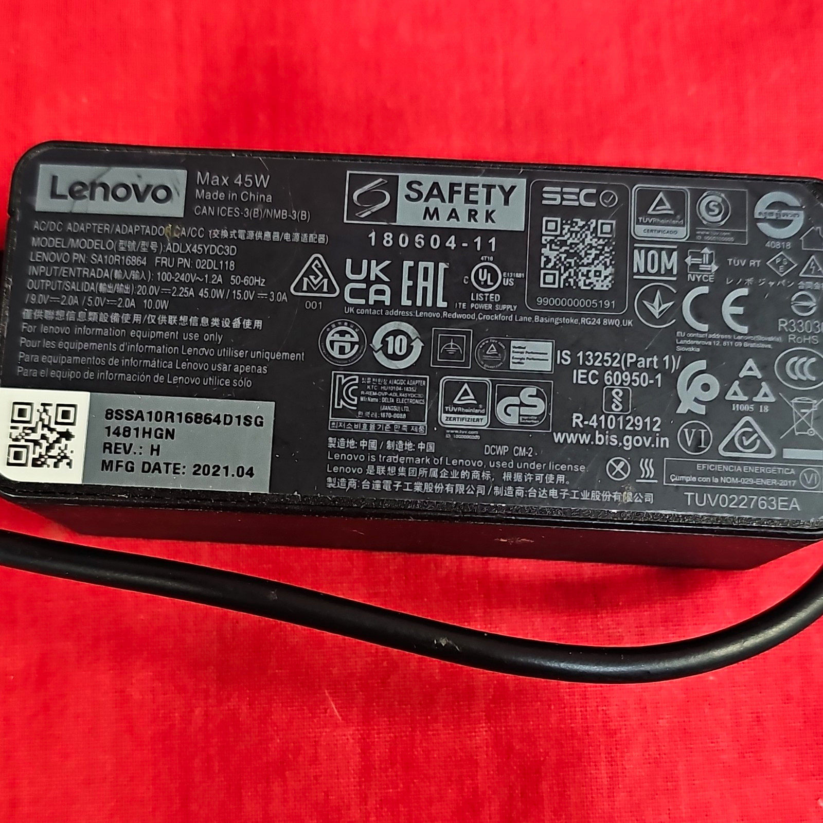 Lenovo 45W USB-C AC Power Adapter for ThinkPad 20V 2.25A Black ADLX45YDC3D