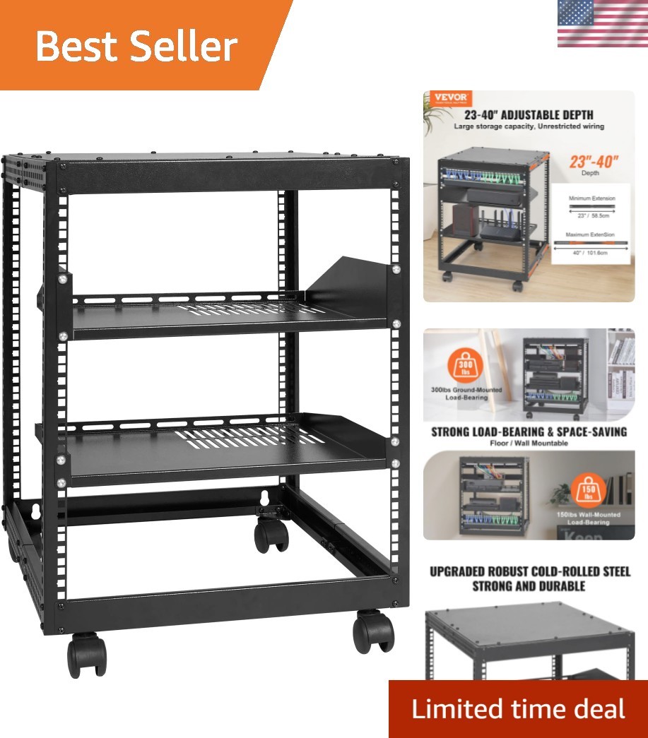 12U Open Frame Server Rack, 23-40 in Adjustable Depth, Free Standing or Wall ...