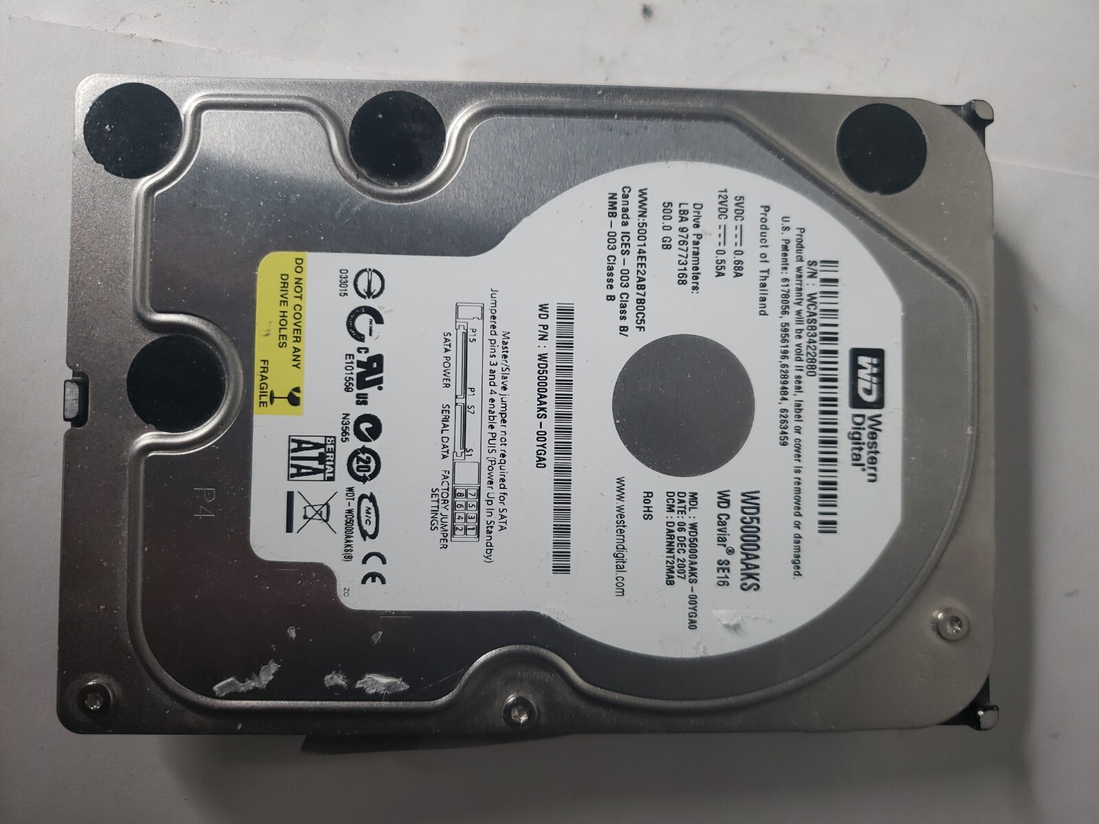 WD5000AAKS-00YGA0, DCM DARNNT2MAB, Western Digital 500GB SATA 3.5 Hard Drive