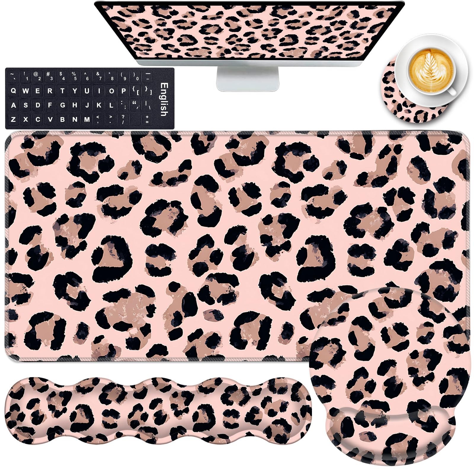 CICPLKSE Mouse Pad,Large Pink Desk Mat, 4in1 XXL Mousepad + Keyboard Wrist