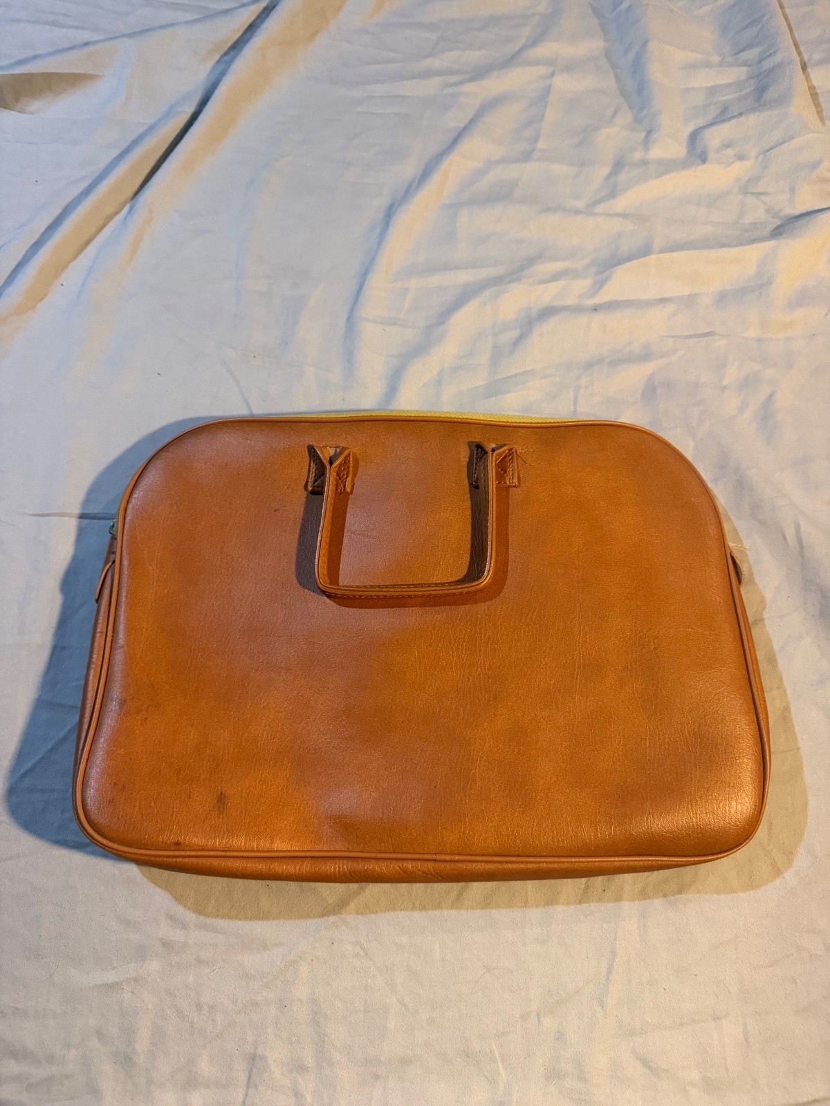 Vintage Brown Leather Laptop Briefcase with Yellow Zipper