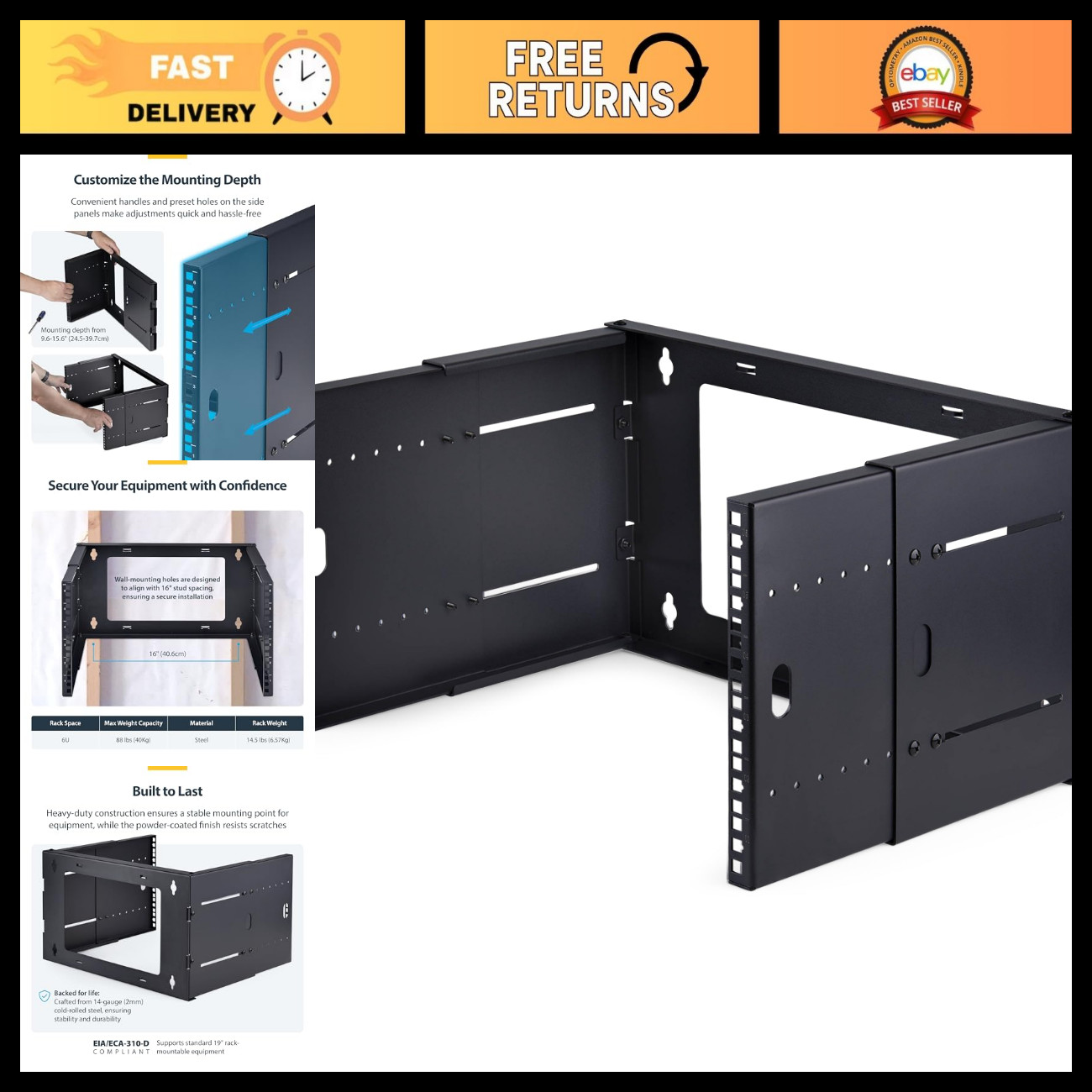 6U 2-Post Wall-Mount Rack, Adjustable Depth, Holds 88lbs, Space-Saving Design