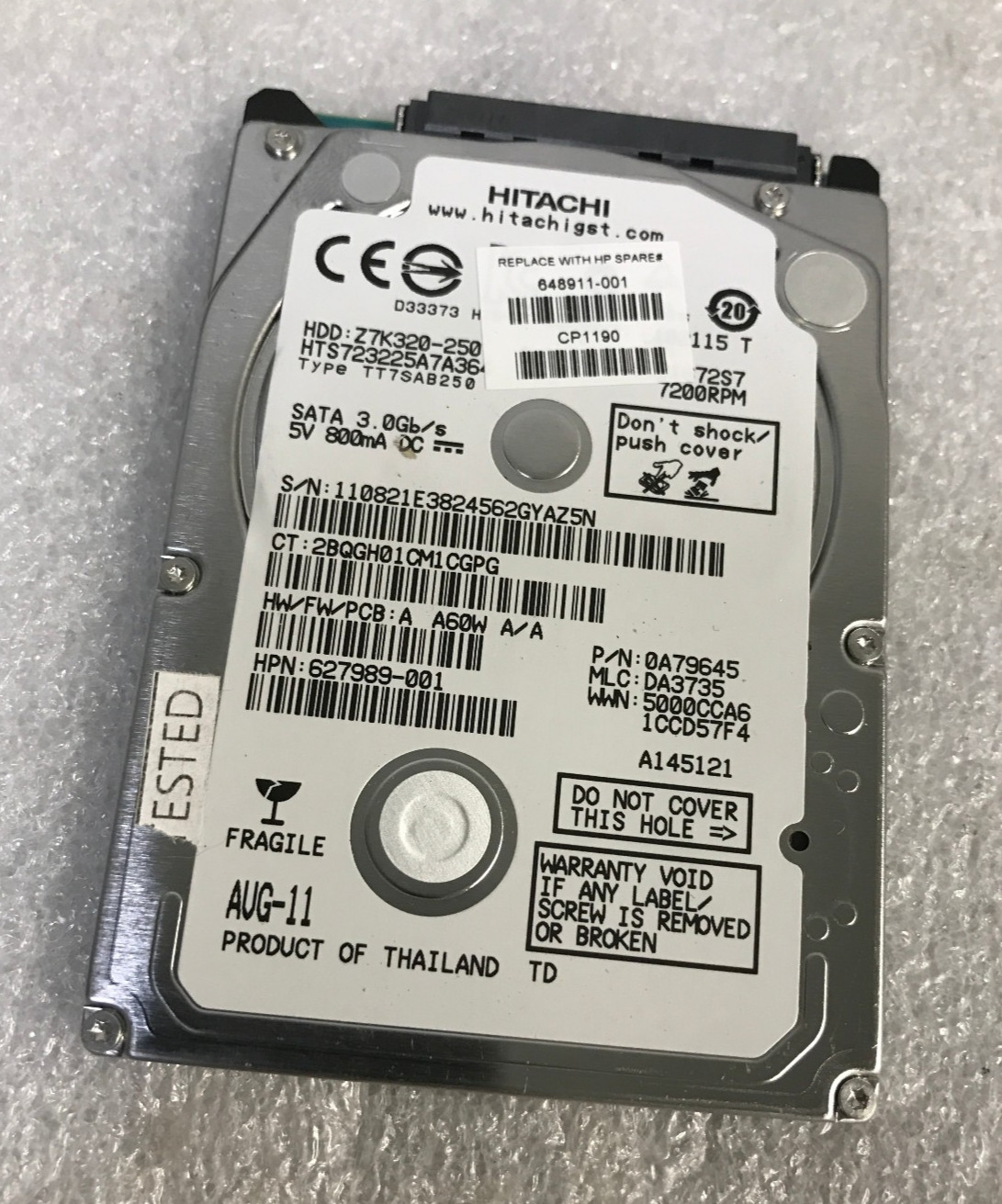 Hitachi HTS723225A7A364,Z7K320-250 0A79645 SATA 2.5'' 250GB Hard Drive (Tested )